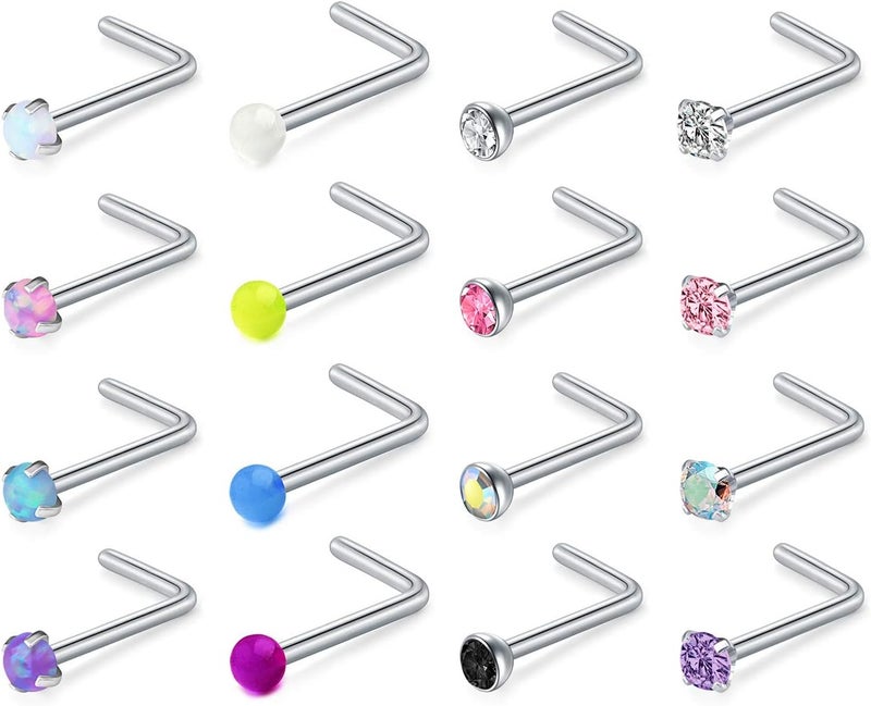 D.Bella 20G Stainless Steel Nose Rings - 20 Gauge Hoops & Studs - Flower, Heart, Diamond & L-Shaped Nostril Nose Piercing Jewelry for Women & Men - Image 1